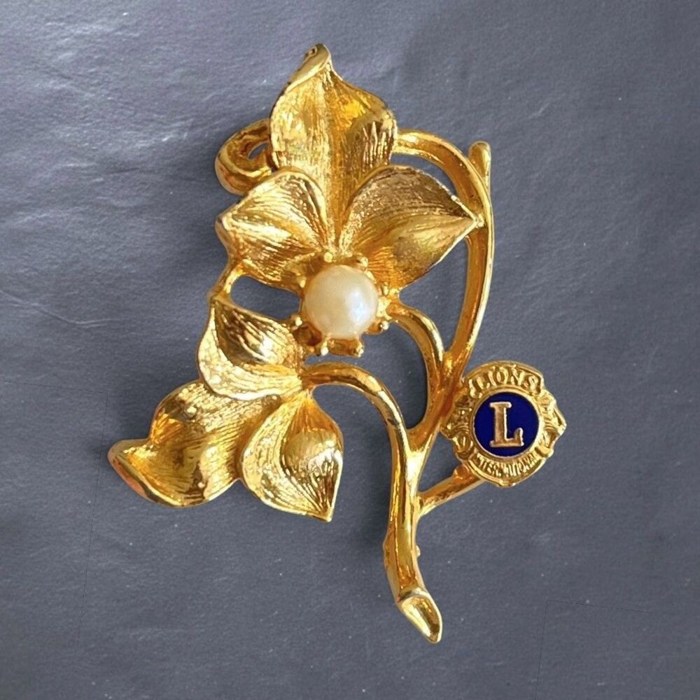 VTG Lions Club Intl Womens Brooch Gold Tone Floral Flower Imitation Pearl Pin